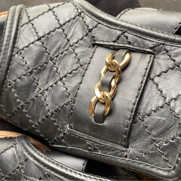 Chanel Black Quilted Leather Chain CC Detail Peep Toe Slingback Flats Size 37.5 - Picture 9 of 9